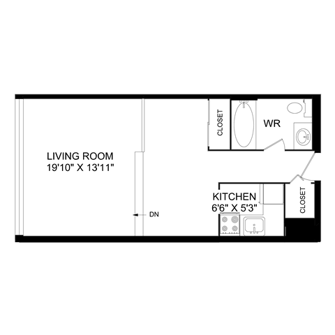 a floor plan of a small house with a bedroom and a living room
